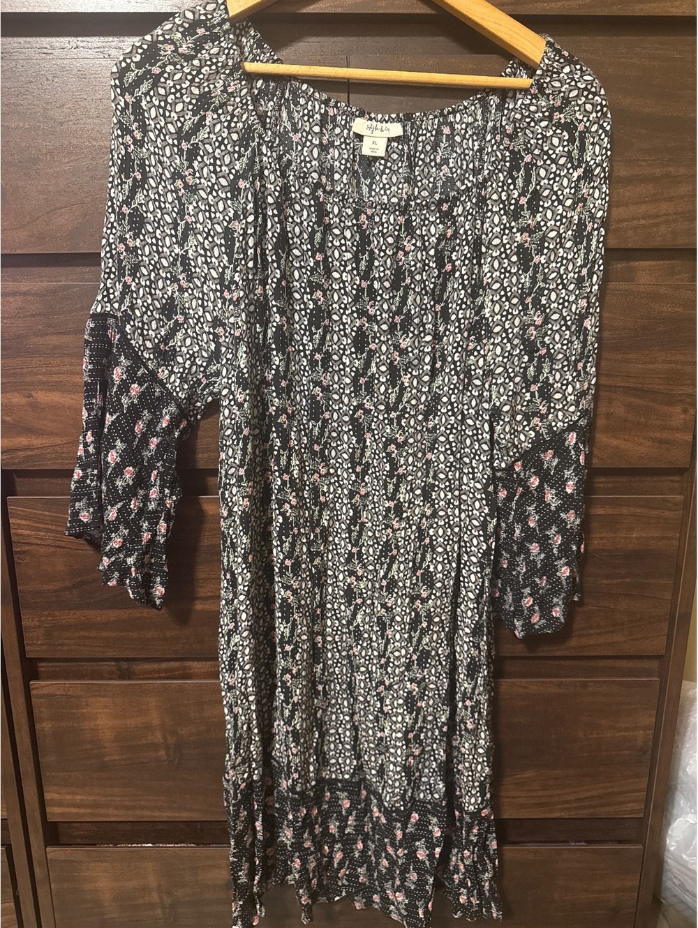 Style & Co XL Black Floral Boho Dress with 3/4 Sleeves